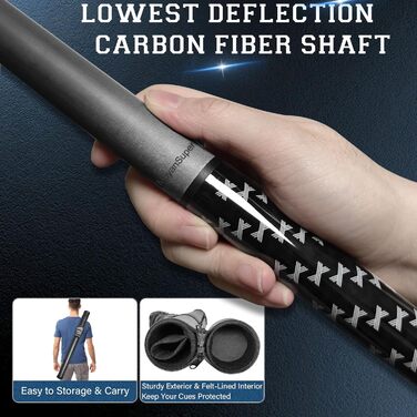 Професійний більярдний кий Billardqueue з карбону, низький упор, з кейсом та аксесуарами, 12.5 мм наконечник, 147.3 см, 567-595 г