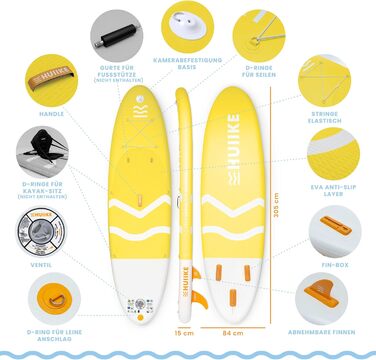 Надувний SUP-борд HUIIKE Stand Up Paddling Board з аксесуарами: весло, фіни, насос. Стабільний та міцний надувний SUP-борд 305x84x15 см, до 130 кг (Enjoyer Yellow - Essential)
