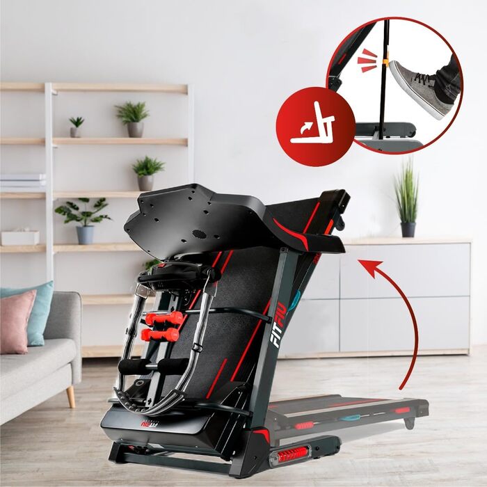 Біговий тренажер FITFIU Fitness MC-500 зі складною конструкцією, автоматичним нахилом, 18 км/год, пульсометром, Bluetooth та підключенням до додатків (Kinomap, Spax, Zwift), площа бігового полотна 41x123 см, максимальне навантаження 120 кг