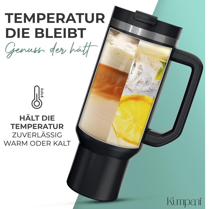 Kumpani термочашка 1,1 л з ручкою, персоналізована гравіюванням, чорна, ізольований питний стакан з кришкою і трубочкою, водонепроникний, BPA-free, для гарячих і холодних напоїв
