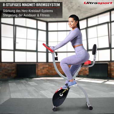 Велотренажер складаний Ultrasport F-Bike 150/200 з 8 рівнями навантаження, тримачем для планшета, вимірюванням пульсу, LCD-дисплеєм, для спортсменів і літніх людей, з сидінням зі спинкою, червоно-сірий