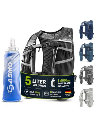 Жилет для бігу SASMO® унісекс 5L/2L - ультралегкий дихаючий рюкзак для бігу, 8 кишень, чорний + 1x500мл пляшка
