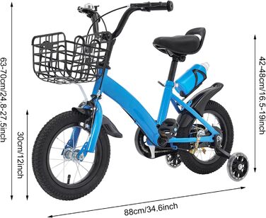 Дитяче велосипед 12 дюймів, регульована висота, для дітей 2-5 років, з додатковими колесами, кошиком та пляшкою, блакитний велосипед для дівчаток та хлопчиків