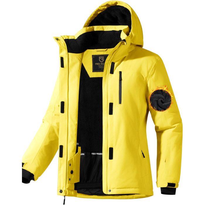 Жіноча водонепроникна куртка для катання на лижах FREE SOLDIER з флісовою підкладкою та капюшоном. Тепла зимова куртка-дощовик XXL, кремовий/жовтий колір