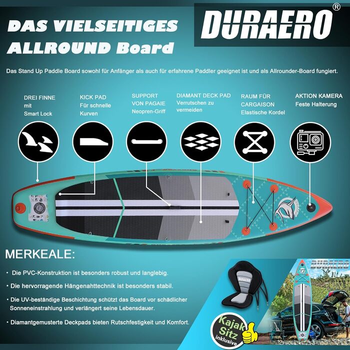 Надувна SUP-дошка 330x76x15 см з каяк-сидінням, 3 плавниками, камерною кріпленням, подвійним регульованим веслом, повним комплектом аксесуарів, м'ятна, вантажопідйомність до 150 кг