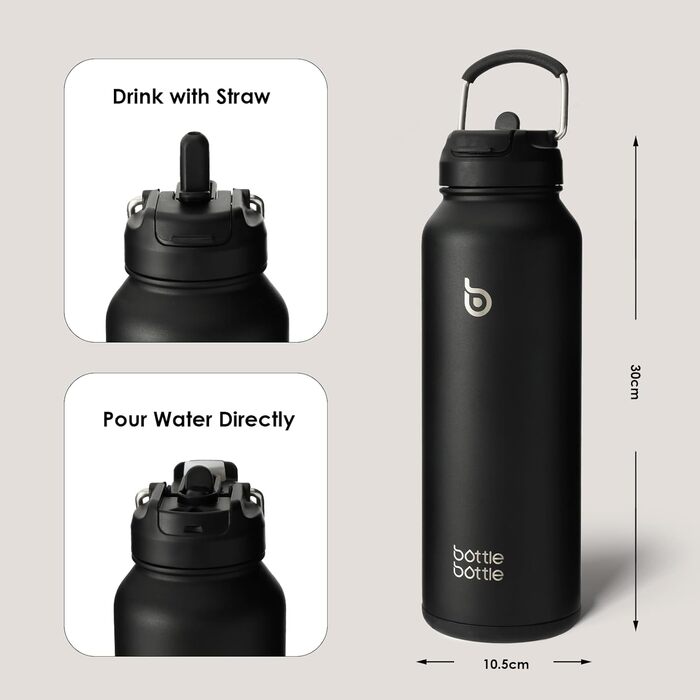 Термос пляшка BOTTLE BOTTLE ізольована з трубочкою, спортивна сталева пляшка з кришкою-ручкою, для пігулок, 1,2 л, чорна