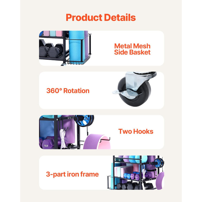 Стойка для йоги та гантелей VEVOR з коліщатами та гачками - 105 x 41 x 89 см