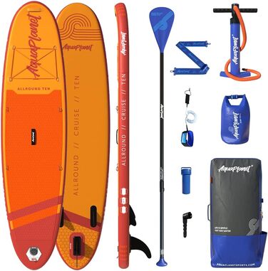 Надувна SUP-дошка AQUAPLANET Allround Ten 305 см для початківців і експертів, комплект: весло, плавник, насос, ремкомплект, рюкзак, страхувальний лиш, сухий мішок, ремінь для перенесення, помаранчева