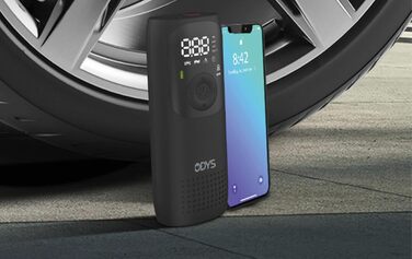 ODYS FlexPump акумуляторний портативний електричний компресор-насос для авто, мотоцикла, велосипеда, самоката, м'ячів (0-10 Бар, 0-150 PSI, 2000 мАг, зарядка USB-C, цифровий дисплей, LED-підсвітка)