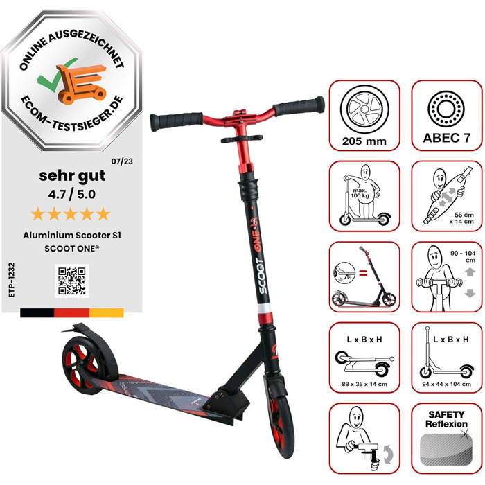 Алюмінієвий самокат S1 / S2 – регульований по висоті, ABEC 7 (червоний, Scooter S 1 Pro)