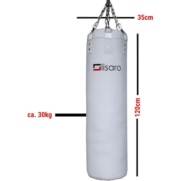 Боксерський мішок Lisaro Premium 120x35 см, 30 кг, наповнений, чорний/білий, для боксу, MMA, єдиноборств, з 6-точковим сталевим ланцюгом