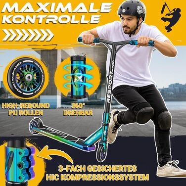 Трюковий самокат RE:SPORT® REVO PRO для дітей та дорослих з підніжкою | Професійний самокат з колесами 110мм PU та Y-рулем | Самокат трюковий ABEC 9 Rainbow Blaze