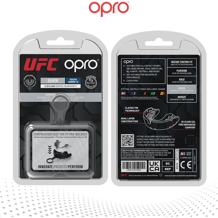 Захист для зубів OPRO Mundschutz Silber-Level – для боксу, MMA, кікбоксингу, хокею, регбі – для дорослих та дітей – самоадаптуюча накладка – з гарантією стоматолога – білий/срібний – для юніорів (до 10 років)
