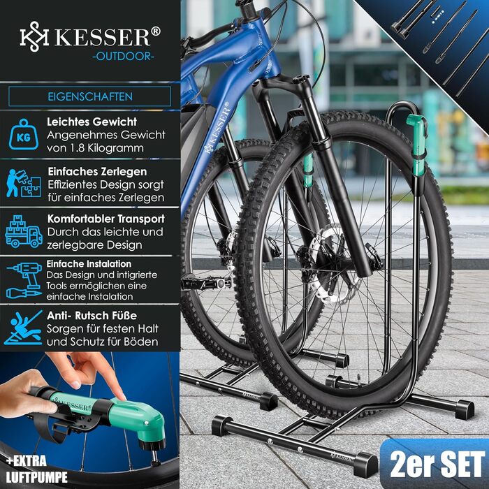Підставка для велосипеда KESSER® для MTB, E-Bike, Citybike, шосе, з повітряним насосом (2 шт.)