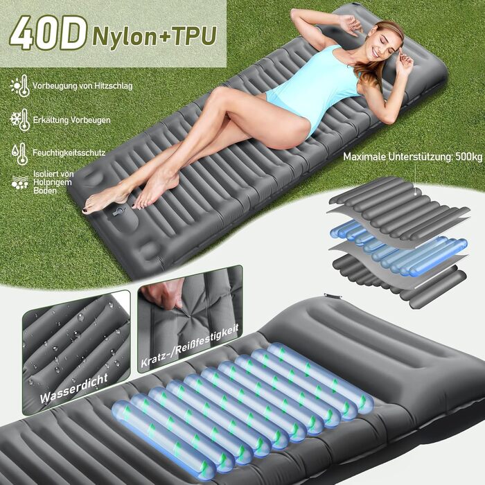 Isomatte Camping 12 см: Надувний килимок для кемпінгу з компактним розміром та насосом, ультралегкий, водонепроникний, анти-ріпстоп для походів та пляжу (сірий)