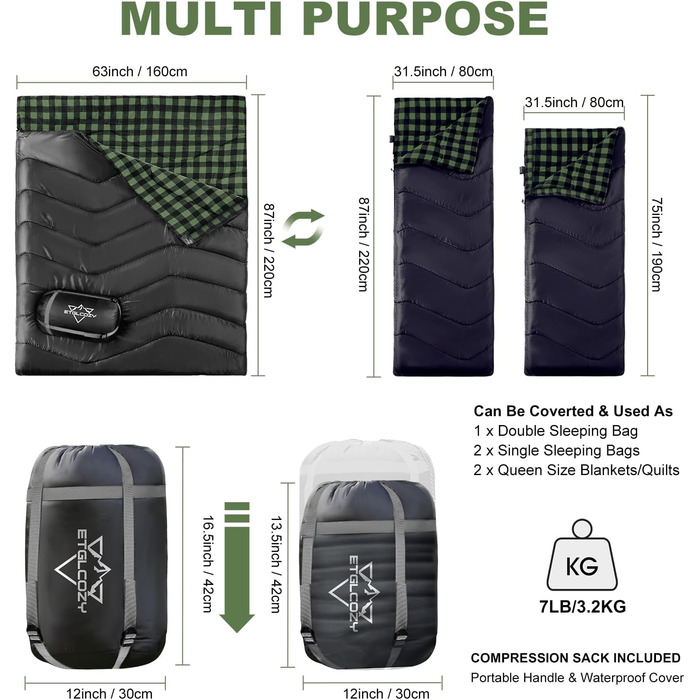 Спальний мішок для двох дорослих та дітей, XL, Queen Size, для кемпінгу та походів, вологостійкий, з компресійним мішком, чорний/зелений