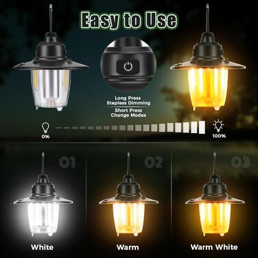 LED кемпінгова лампа: перезарядна, портативна, з гачком, ретро-дизайн, 3 режими світла, регулювання яскравості, 2800 mAh, IP65, для намету, кемпінгу, надзвичайних ситуацій