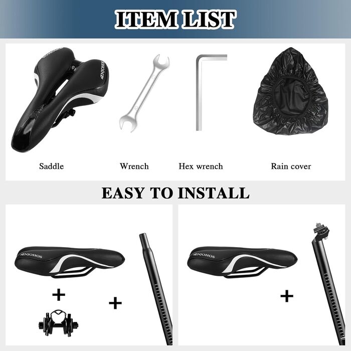 Велосипедне сідло ENJOHOS, водонепроникне PU сідло для гірського, трекінгового, туристичного та шосейного велосипеда (Чорно-біле)