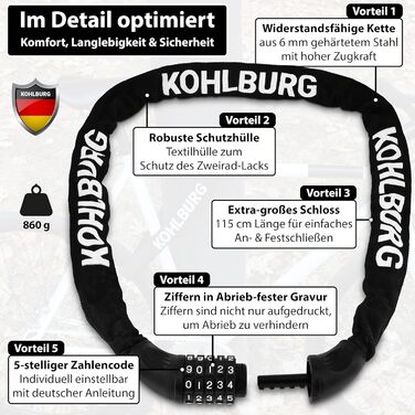 Замок для велосипеда KOHLBURG ланцюговий з кодовим комбінатором, 115 см, сталь 6 мм, для електровелосипедів та електросамокатів