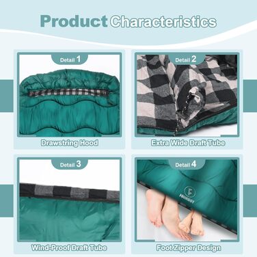 Спальний мішок Baumwolle для 2 осіб, зимовий, водовідштовхувальний, великий (Queen Size), для кемпінгу та подорожей на автодомі (темно-зелений-сірий)