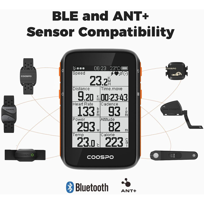COOSPO велосипедний комп'ютер GPS, бездротовий, Bluetooth 5.0 та ANT+, водонепроникний IP67, велоспідометр з автоматичним підсвічуванням, 2,6'' LCD-дисплей