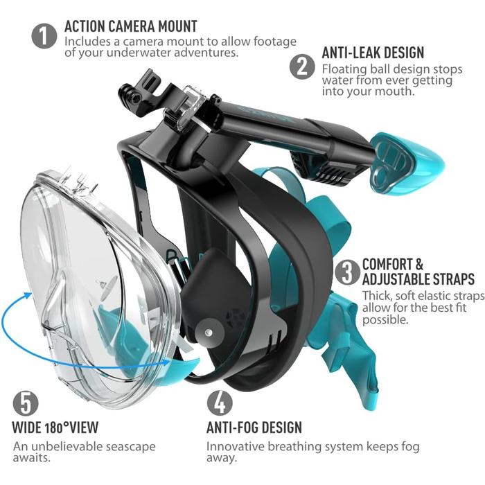 Маска для снорклінгу G2RISE® з трубкою, повна маска для дайвінгу, складана, CO2-безпечна, з кріпленням для камери, чорно-зелена, для дітей та дорослих S/M