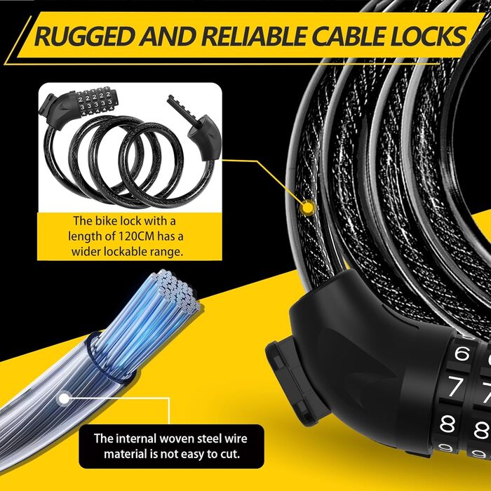 Замки для велосипеда з кодом 12 мм/120 см, антикрадійний трос, 5-значний код, вологостійкий, для велосипеда, електровелосипеда, дитячої коляски, драбини (чорний)