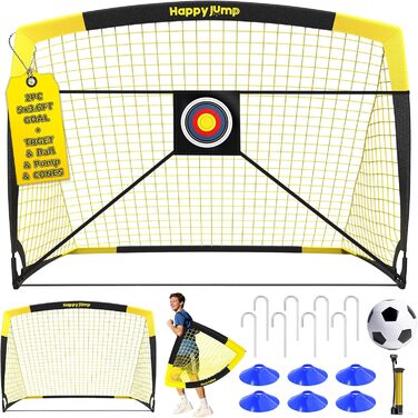Ворота для футболу Happy Jump Pop-Up – складані для дітей та дорослих | 1 або 2 ворота: 120x90 / 152x110 / 213x152 см | З м'ячем, насосом, конусами та мішенню | Для саду та подарунка