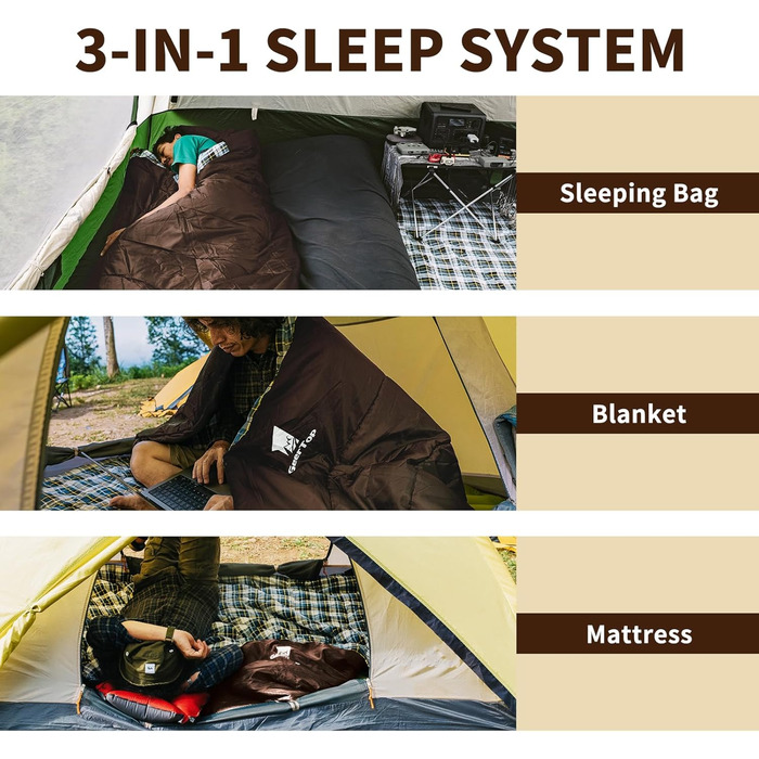 Сплячий мішок GEERTOP XXL 4 сезони, фланель, 220x100 см, для дорослих, кемпінг, подорожі, туризм (колір: коричневий)