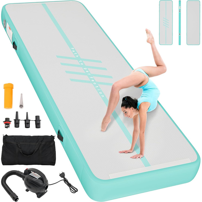 Накидка-матрац для гімнастики DWVO Air Matte Track, 4м, з повітряним насосом, зелений, з карбоновими боковинами