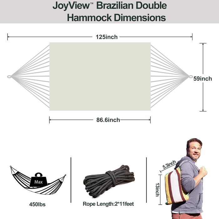 Гамак бразильський подвійний JoyView з мотузками, 220x150 см, бавовна, для тераси, саду, веранди, вантажопідйомність 204 кг, білий