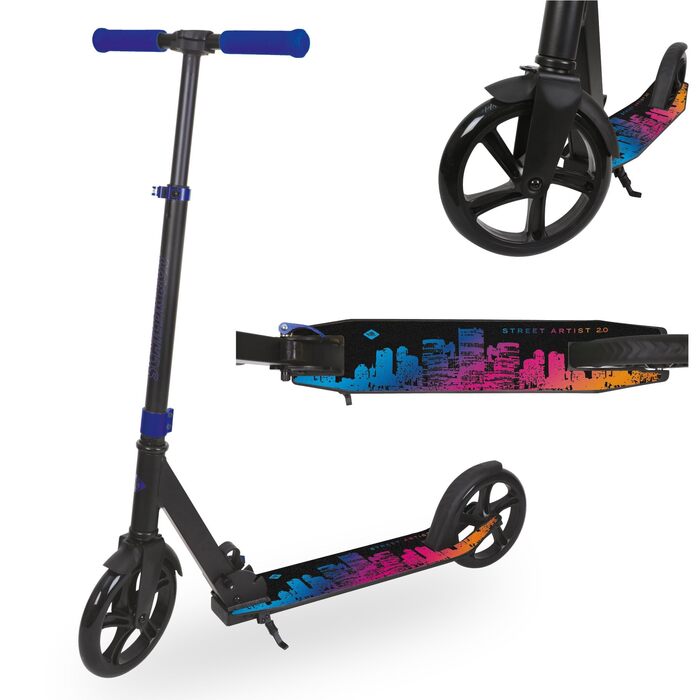 Скутер Schildkröt City Scooter Street Artist 2.0: Алюмінієвий, скласний, з колесами 200 мм, регульований кермо 79-100 см, для дітей та дорослих (Street Artist Blue)