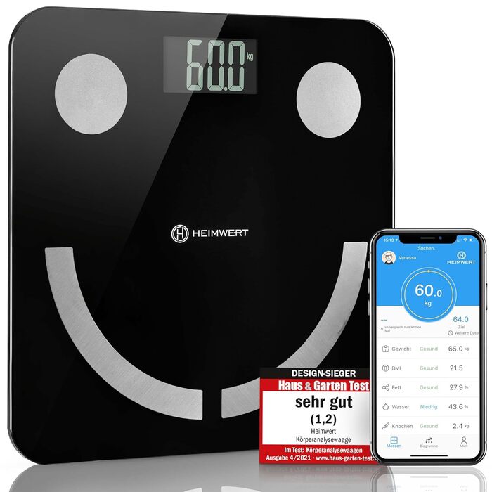 Вага для аналізу складу тіла Heimwert з Bluetooth, USB-зарядкою та додатком - персональна вага для вимірювання жиру