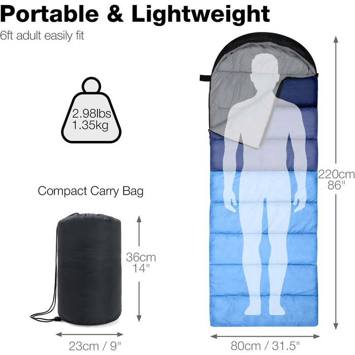 Спальний мішок Outplea для кемпінгу, 3-4 сезони, водонепроникний, 220x80 см, для дорослих та дітей, блакитний