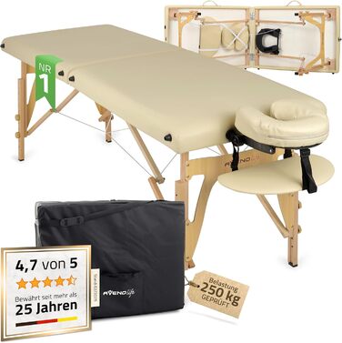 Масажний стіл HABYS Sofia Light Massageliege: складаний, дерев'яний, 2 зони, 185x60x85 см, до 250 кг, з підлокітниками та підголовником, сумка, сертифікат MDR, бежевий