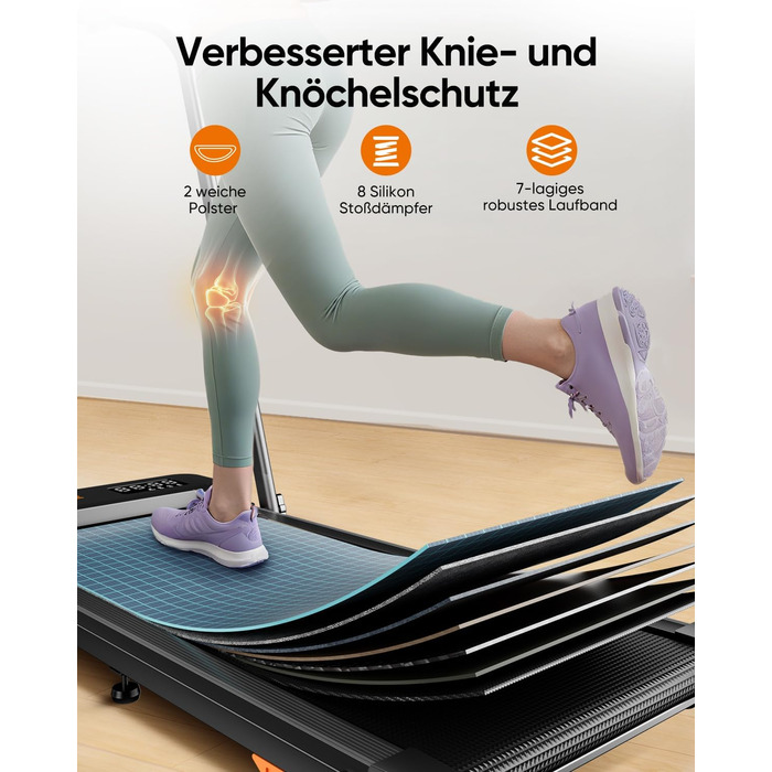 Біговий тренажер 6-в-1 для дому, складаний, з регулюванням нахилу 10% та ручками. Макс. вага 135 кг, LED-дисплей, пульт ДУ та додаток. Без встановлення (Чорний/Помаранчевий)