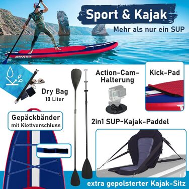 SUP Board BRAST Shark надувний, 320x81x15 см, комплект: весло, сидіння для каяка, тримач для камери, насос, рюкзак, блакитний