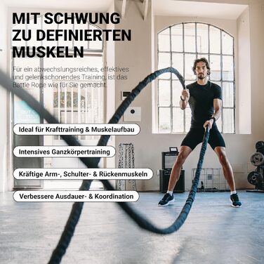 Тренажер Battle Rope MSports Professional Studio Qualität 15 м, 5 см | Серальній тренажер для фітнесу, штанговий тренажер, чорний/червоний