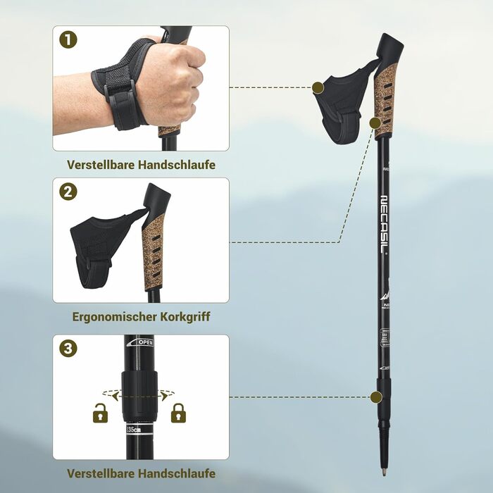 Чоловічі та жіночі палиці для скандинавської ходьби, 2 шт. Телескопічні палиці для трекінгу з алюмінію з гумовими накладками (пряма ручка, чорний колір)