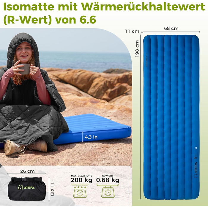 ATEPA ThermAir Ultraleichte Isomatte: Каремат для кемпінгу та хайкінгу, R-6, 11 см, 183x64 см, блакитний