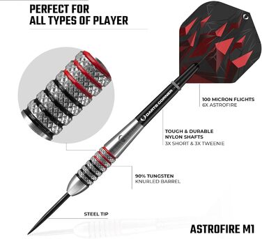 Набір дартсів Darts Corner Astrofire, корпус 90% вольфрам, сталеві наконечники, 6 флайтів, 6 шафтів, картка та кейс