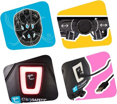Дитячий велосипедний шолом Crazy Safety, чорний, 54-58 см, з USB-підсвіткою, для дітей 6-12 років, для велосипеда, скейтборда, роликів, регульований