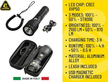 Ліхтар Cressi Astra Black - потужний LED-ліхтар для підводного плавання, риболовлі та досліджень, 2100 люмен, водонепроникний IPX8, 100м, унісекс, чорний