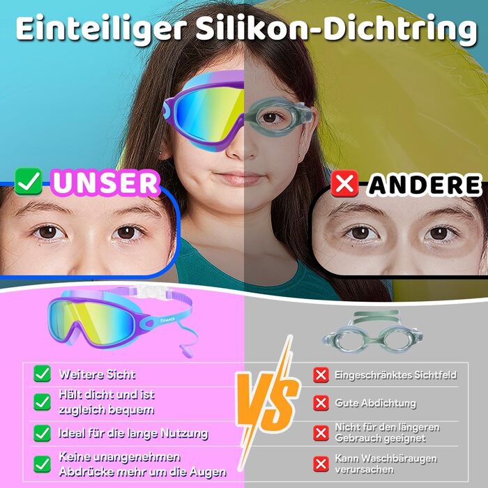 Дитячі окуляри для плавання Vvinca з носовими затискачами, широким кутом огляду, захистом від запотівання та UV-фільтром, водонепроникні, для дітей 3-14 років, рожеві та блакитні