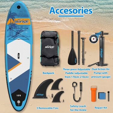 Надувна SUP-дошка ALLPICK Premium, 180 кг, з камеротримачем, веслом і аксесуарами, для початківців і досвідчених, синя для океану