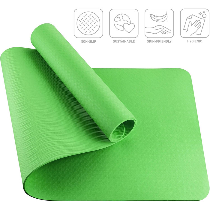 Килимок для йоги BODYMATE Premium TPE 183x61 см, нековзкий, фітнес-мат для йоги, пілатесу, спорту, товщина 6 мм, зелений