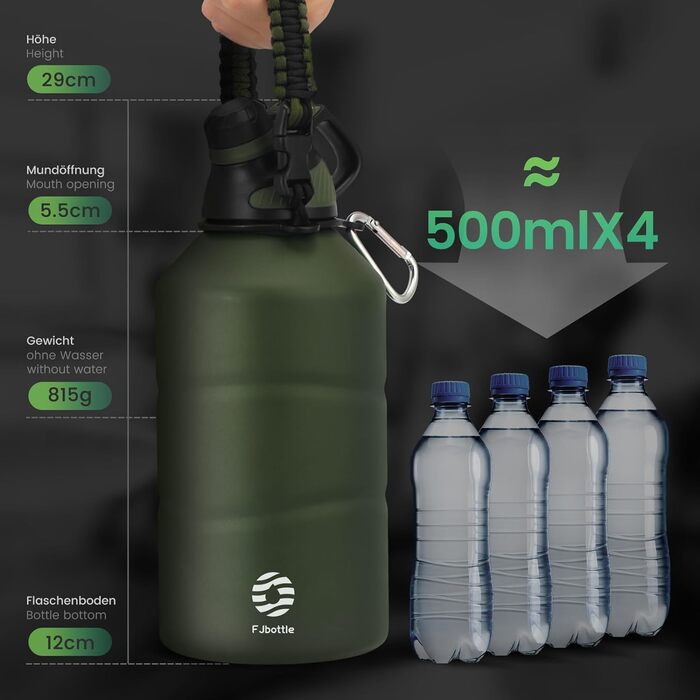 Термос Fjbottle з нержавіючої сталі 1900 мл, магнітна кришка, BPA-free, подвійні стінки, герметичний, підходить для газованої води, спортивна пляшка для води, університет, фітнес, кемпінг, outdoor