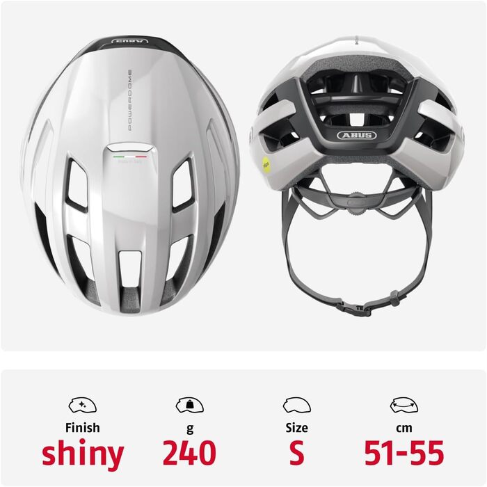 ABUS PowerDome MIPS шолом для велосипеда - легкий шолом з вентиляцією та захистом від ударів - Made in Italy - для жінок та чоловіків, білий (глянцевий білий), розмір S (51-55 см)