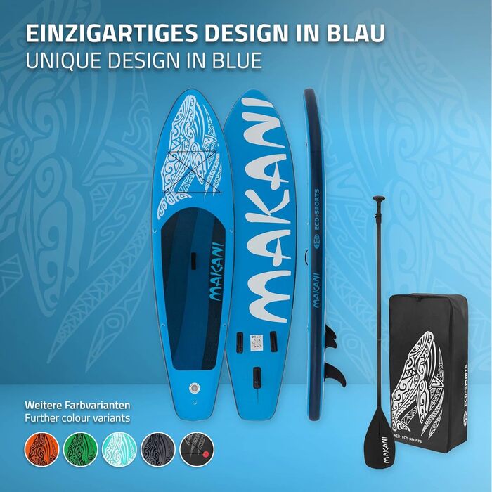 Надувна SUP-дошка ECD Germany Makani 320 см, PVC, алюмінієве весло, повний комплект, синя/помаранчева/чорна/бірюзова/зелена – для серфінгу, веслування, серфборд