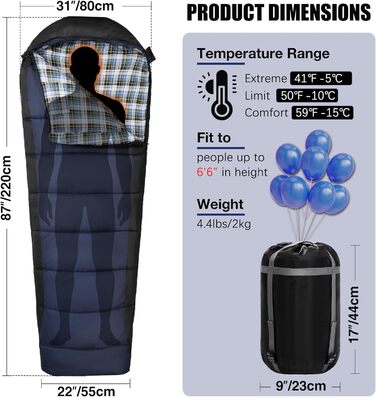 Спальний мішок Redcamp Baumwoll-Flanell для кемпінгу, 3 сезони, теплий та комфортний, вага 2/3/1.8 кг, колір Marineblau (синій)